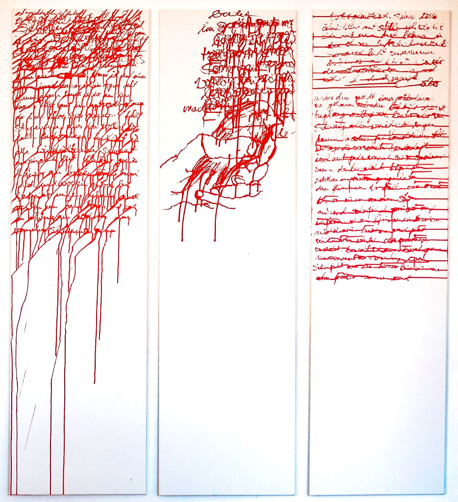 Schriftbilder, Tusche auf Leinwand, 3 x 195 x 55 cm, 2018